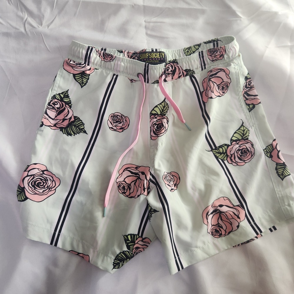 Surf Society Swim Trunks Floral Rose Print Swimwear Shorts Pink Drawstring M